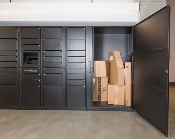Five extra-large packages inside an open Luxer Oversized Locker.