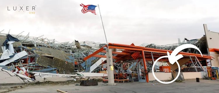 Luxer Lockers left standing at a Home Depot after a storm