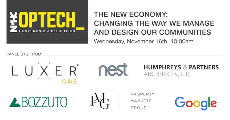 Six company logos relevant to the panel "The New Economy: Changing the Way We Manage and Design Our Communities"; Luxer One, Nest, Humphreys & Partners Architects, Bozzuto, Property Markets Group, Google. 