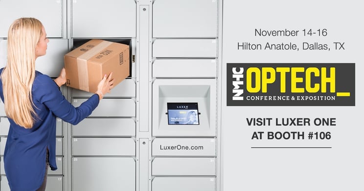 A woman removes a medium-sized package from a locker system. NMHC OPTECH is November 14-16, at the Hilton Anatole in Dallas, TX. Luxer One is at Booth 106.